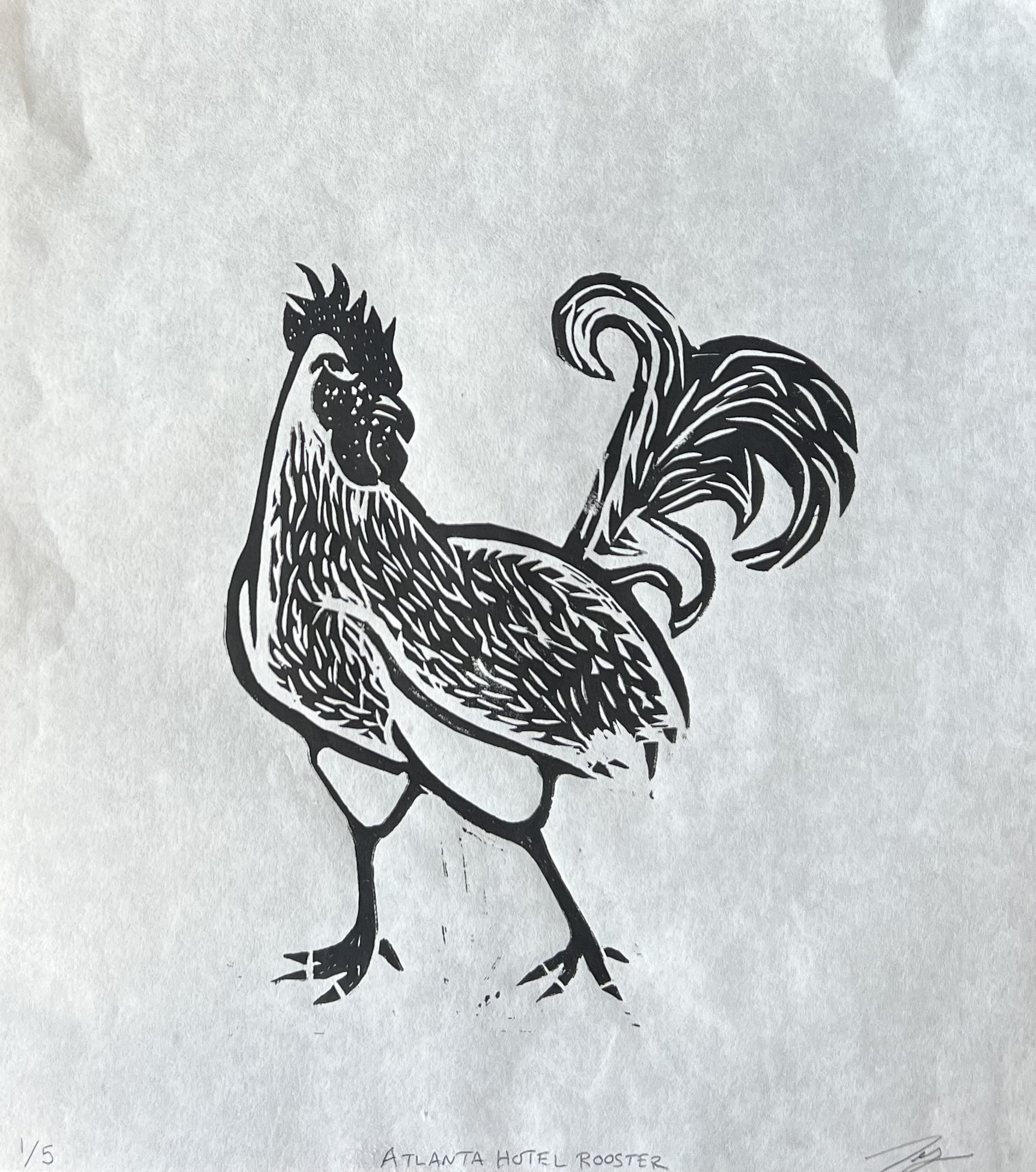 Atlanta Hotel Rooster linocut print